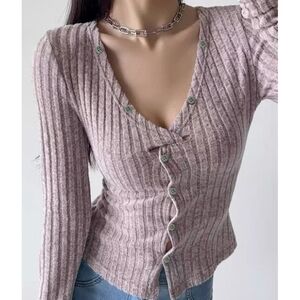 Solid Ribbed V Neck Twist Front Long Sleeve Knit